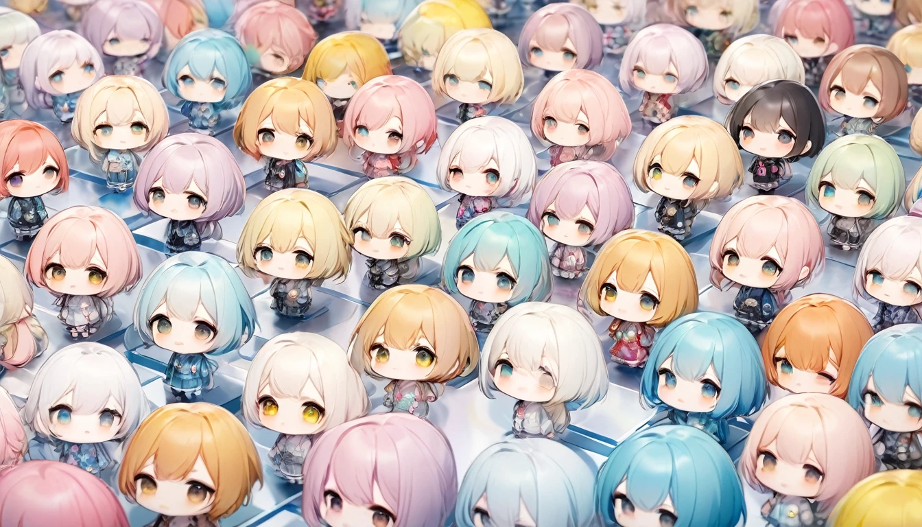 conceptual installation art, there are so many cute chibi characters lined up, background pastel color, (ultra detailed, absolutely resolution, best quality:1.3), 2.5D, delicate and dynamic, artistic photography, hyper realistic, graphic CG digital art