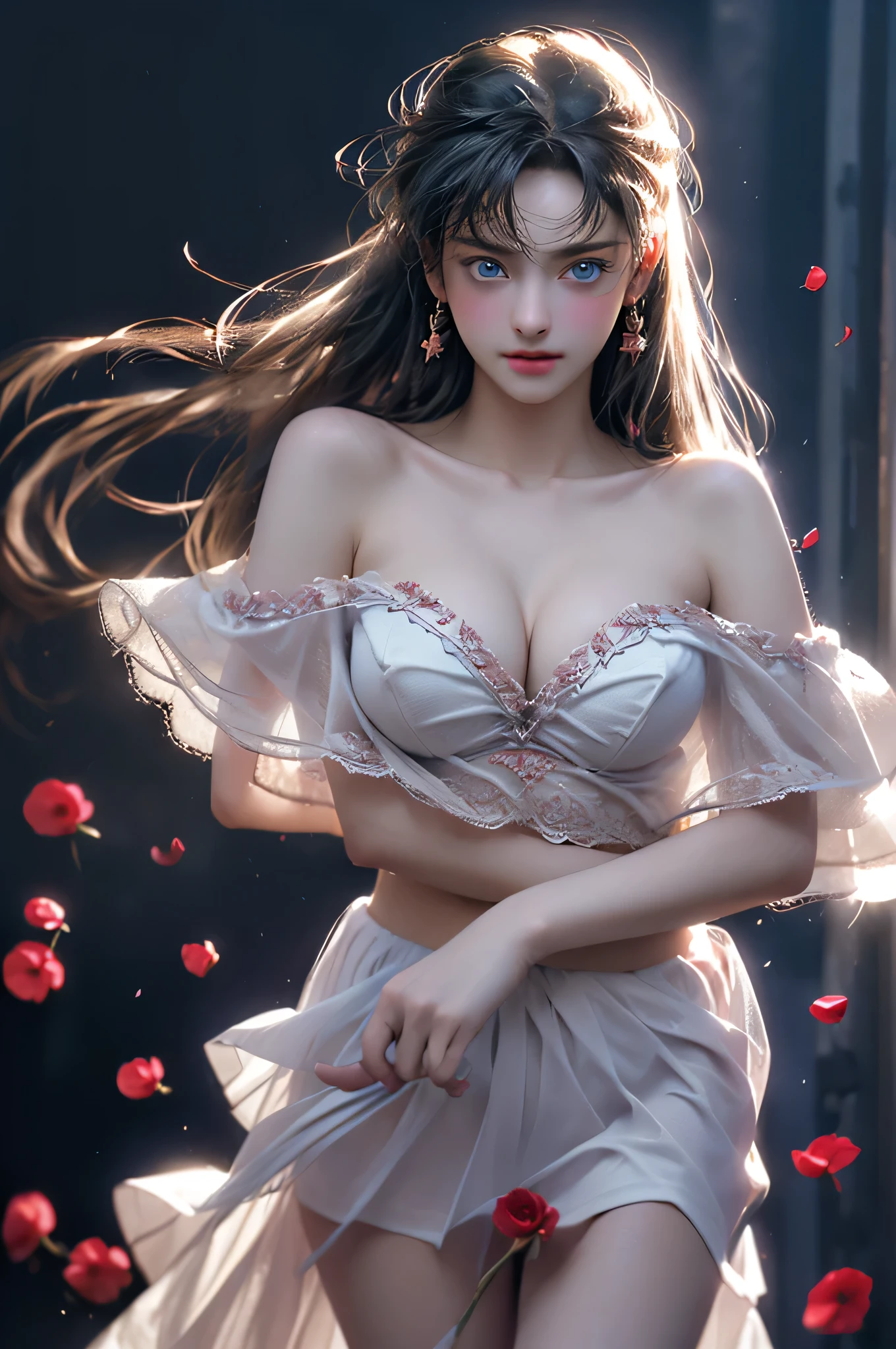 (Girl in a semi-transparent one-shoulder white miniskirt dress）, (photo realistic:1.4), (hyper realistic:1.4), (realistic:1.3), (smoother lighting:1.05), (increase cinematic lighting quality:0.9),. 32K, 1girl,20yo girl, realistic lighting, backlight, light on face, ray trace, (brightening light:1. 2), (increase image quality:1.4), (highest quality realistic textured skin:1. 4),(Big Blue Eyes)、Detailed drawn eyes、Detailed painted face、Fine textured eyes、(tired、sleepy、satisfaction:0.0)、A shirt that shows off a lot of cleavage、(Accentuates the body line:1.1)、(Beautiful textured skin:1.1)、(Red petals are flying)、（Black lace panties are visible)、Slim long legs、
