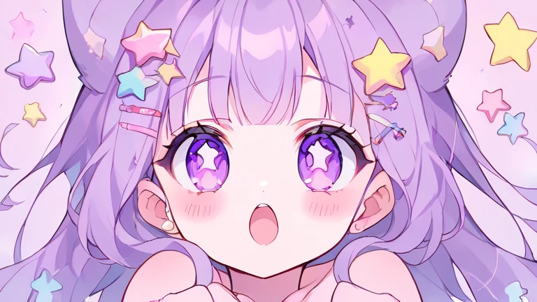 neondskdrmsxl, Fraction_9_up, Fraction_8_up, Fraction_7_Direction_6_up, 1 Girl, Solitary, Soft colors, open mouth, purple long hair, Star , (Symbolism), Star Hair accessories, Hair accessories, Double tail, looking at the audience, purple eyes, pastel neon lighting, source_Japanese cartoons, neon, neon theme , 