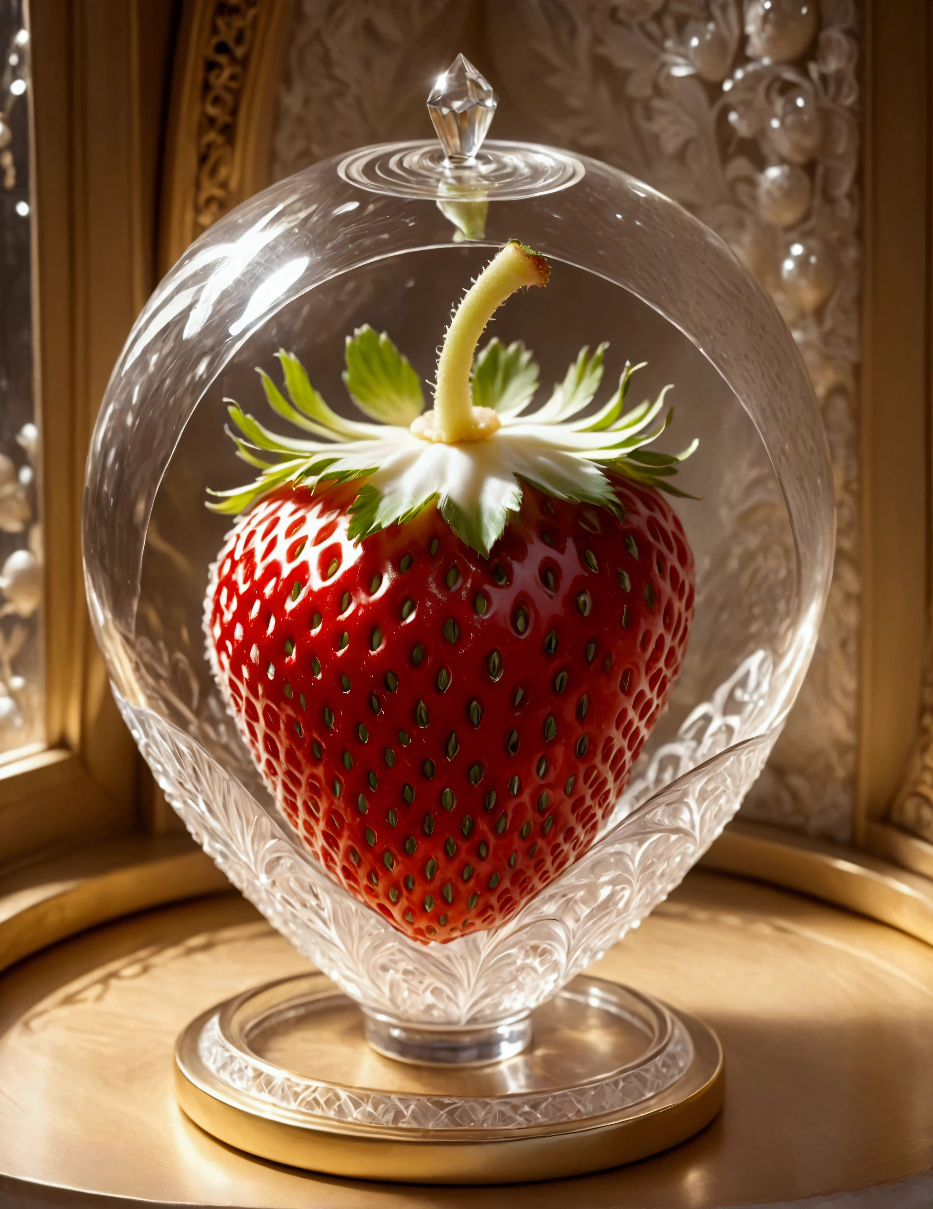 A single white strawberry of the latest variety is carefully displayed in a glass showcase, (Close-up of a single white strawberry), white strawberries in a crystal vessel, luxury white strawberries, large, displayed in a luxury department store, intricate detailed white strawberry, white theme, spotlight, Intricate detailed exhibition table, Vivid contrast, accurate detail, high detail, shining contours, precision, high-quality oil painting,. stunningly beautiful, Masterpiece,Best Quality, high Detailes, 8K