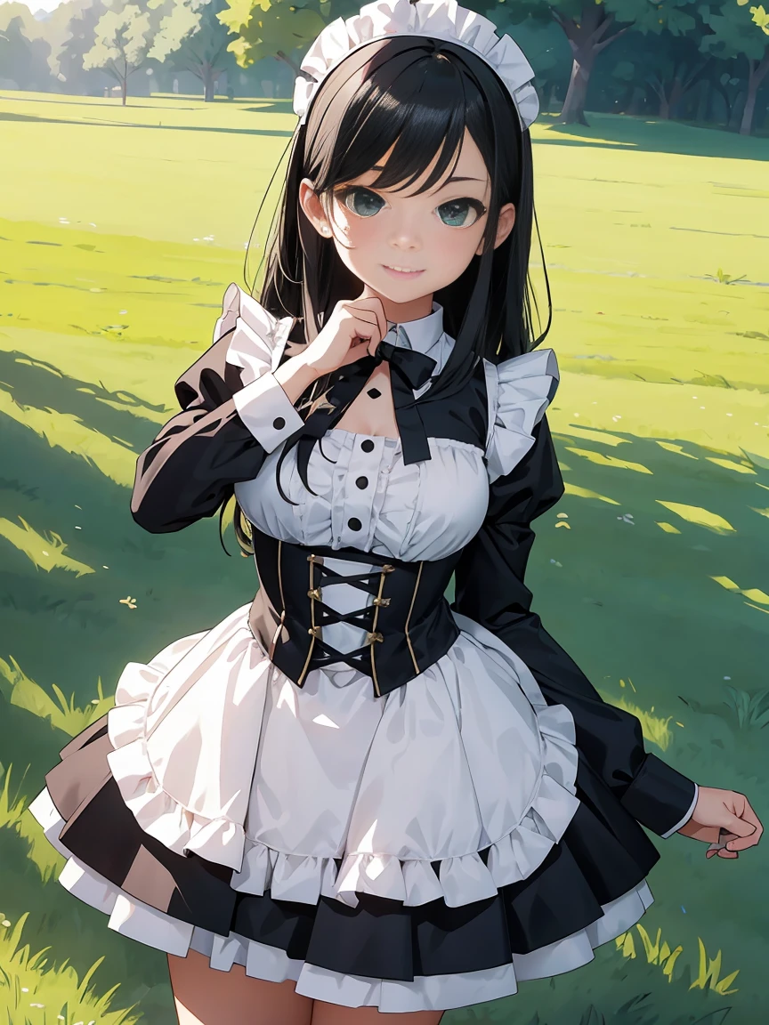 Draw the face in detail、1 childish girl、Maid costume、Professional lighting、Happy expression、Shiny black hair、Perfect anatomical structure、On a green meadow、Dance