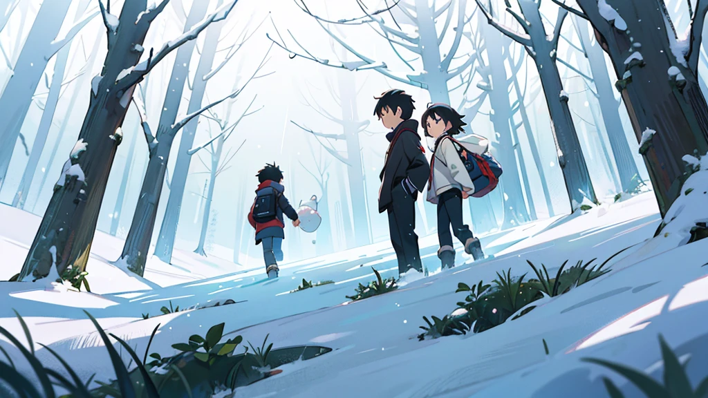 1 girl and 1 boy walking in a heavy snow storm, In a forest, an image of Makoto Shinkai, trend on pixiv, conceptual art, guweiz style artwork, Guweiz and Makoto Shinkai, Sakimichan and Makoto Shinkai, ( ( Makoto Shinkai ) ), sad anime scene. Kawaii Design, body details (ultra quality 4k) (many details)  