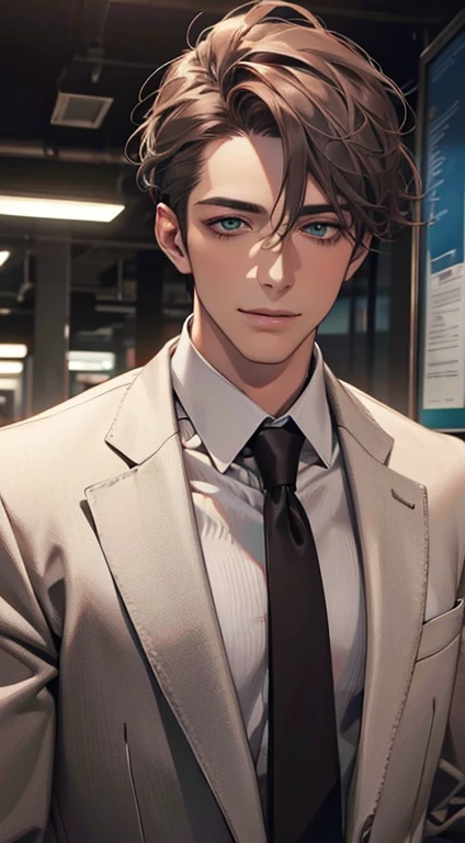 (Highest quality,4K,8K,High resolution,masterpiece:1.2),Super detailed,(Realistic,photoRealistic,photo-Realistic:1.37),1 person,34 years old,Mature Men,Beautiful skin、very handsome,Expressionless smile in love,Short gray redq hair,green eyes,Sharp Eyes,A perfect face without a doubt,Businessman, CEO, Office Background,Cinema Lighting,HDR image,tie、