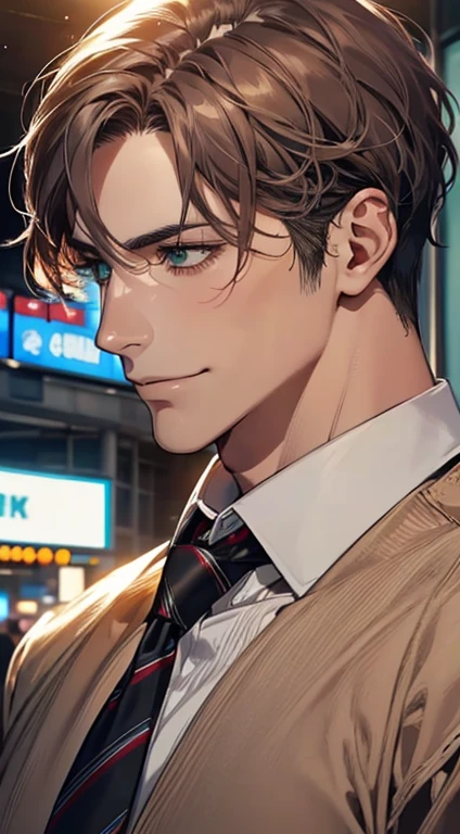 (Highest quality,4K,8K,High resolution,masterpiece:1.2),Super detailed,(Realistic,photoRealistic,photo-Realistic:1.37),1 person,34 years old,Mature Men,Beautiful skin、very handsome,Expressionless smile in love,Short gray redq hair,green eyes,Sharp Eyes,A perfect face without a doubt,Businessman, CEO, Office Background,Cinema Lighting,HDR image,tie、