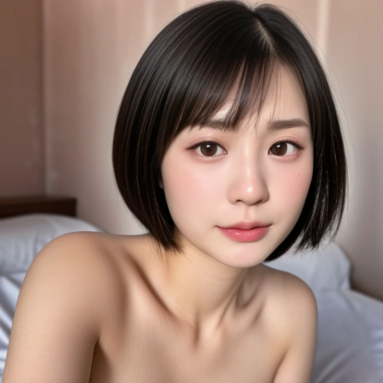 NSFW, (kawaii 24 year-old Japanese girl, Nogizaka idol, Korean idol), healthy female athlete body, (glossy black hair, short hair, pixie cut, bangs:1.3), (rounded face, beautiful black eyes, single eyelid, no makeup, half closed eyes, looking at away, half opened mouth, cumming:1.5), (nude, visible bare breasts, cum to breasts:1.3), extra small breasts, BREAK, (bedroom background, sitting on the bed:1.2), (dynamic angle, upper body shot:1.2), BREAK, (masterpiece, best quality, photo realistic, official art:1.4), (UHD, 8K quality wallpaper, high resolution, raw photo, golden ratio:1.3), (shiny skin), professional lighting, physically based rendering, award winning, (highly detailed skin, extremely detailed face and eyes), Carl Zeiss 85 mm F/1.4, depth of field, 1girl, solo,