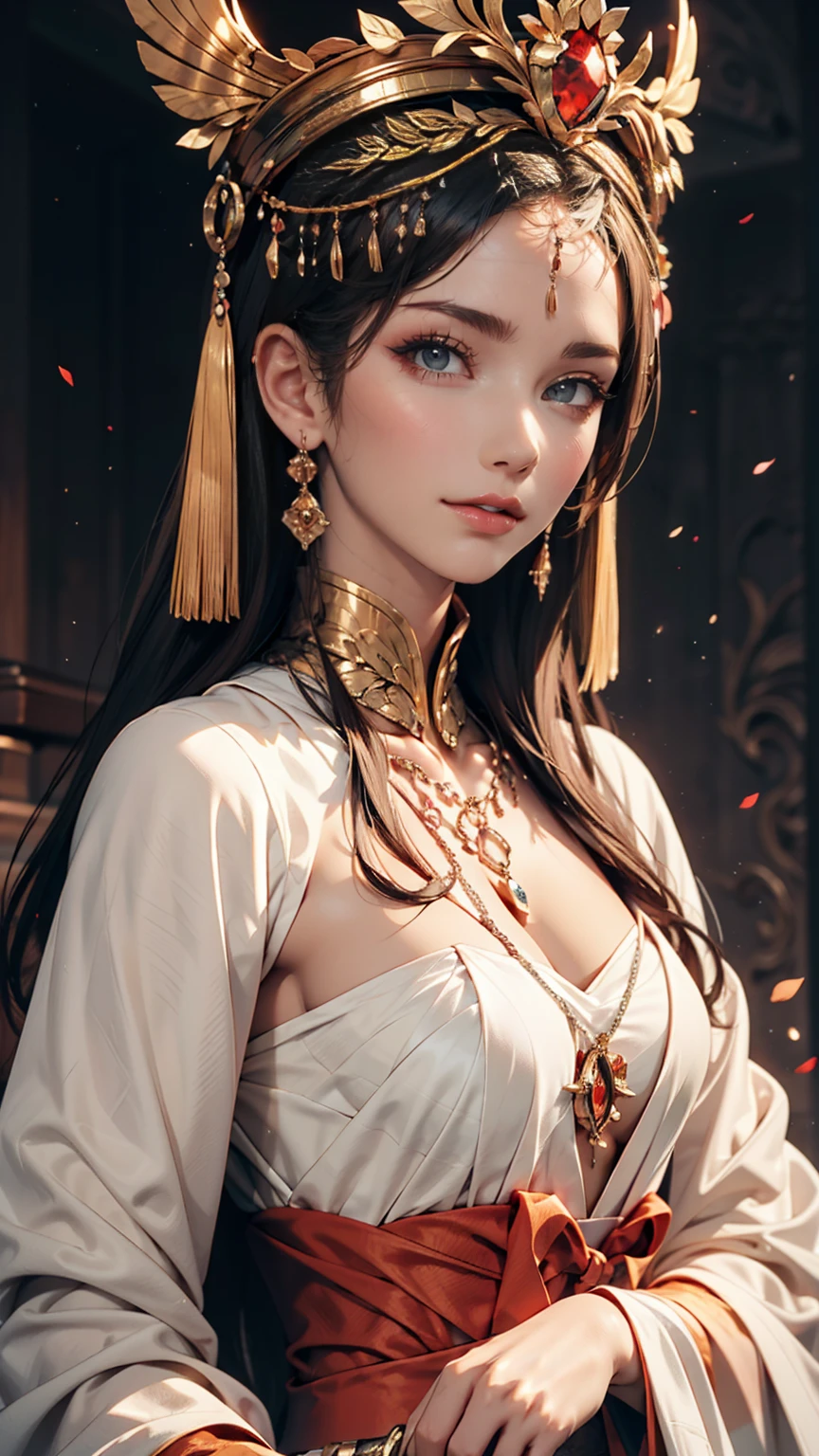 Beautiful female emperor, Clear skin, Beautiful appearance, There is deep wisdom in her eyes, It&#39;s as if she sees through the whole world, Wearing a luxurious white robe, Holding a long sword, Robes fluttering in the wind and silver hair blowing in the wind, The white robe perfectly complements her elegant figure., The attitude is calm and idyllic, Like a perfect fairy