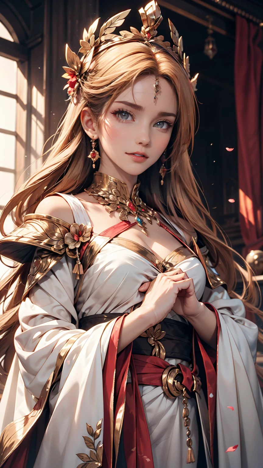 Beautiful female emperor, Clear skin, Beautiful appearance, There is deep wisdom in her eyes, It&#39;s as if she sees through the whole world, Wearing a luxurious white robe, Holding a long sword, Robes fluttering in the wind and silver hair blowing in the wind, The white robe perfectly complements her elegant figure., The attitude is calm and idyllic, Like a perfect fairy