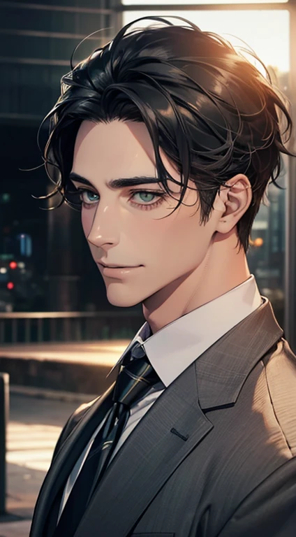 (Highest quality,4K,8K,High resolution,masterpiece:1.2),Super detailed,(Realistic,photoRealistic,photo-Realistic:1.37),1 person,34 years old,Mature Men,Beautiful skin、very handsome,Expressionless smile in love,Short gray black hair,green eyes,Sharp Eyes,A perfect face without a doubt,Businessman, CEO, Office Background,Cinema Lighting,HDR image,tie、