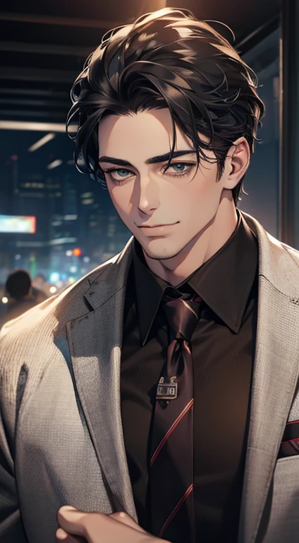 (Highest quality,4K,8K,High resolution,masterpiece:1.2),Super detailed,(Realistic,photoRealistic,photo-Realistic:1.37),1 person,34 years old,Mature Men,Beautiful skin、very handsome,Expressionless smile in love,Short gray black hair,green eyes,Sharp Eyes,A perfect face without a doubt,Businessman, CEO, Office Background,Cinema Lighting,HDR image,tie、