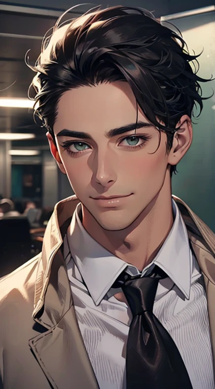 (Highest quality,4K,8K,High resolution,masterpiece:1.2),Super detailed,(Realistic,photoRealistic,photo-Realistic:1.37),1 person,34 years old,Mature Men,Beautiful skin、very handsome,Expressionless smile in love,Short gray black hair,green eyes,Sharp Eyes,A perfect face without a doubt,Businessman, CEO, Office Background,Cinema Lighting,HDR image,tie、