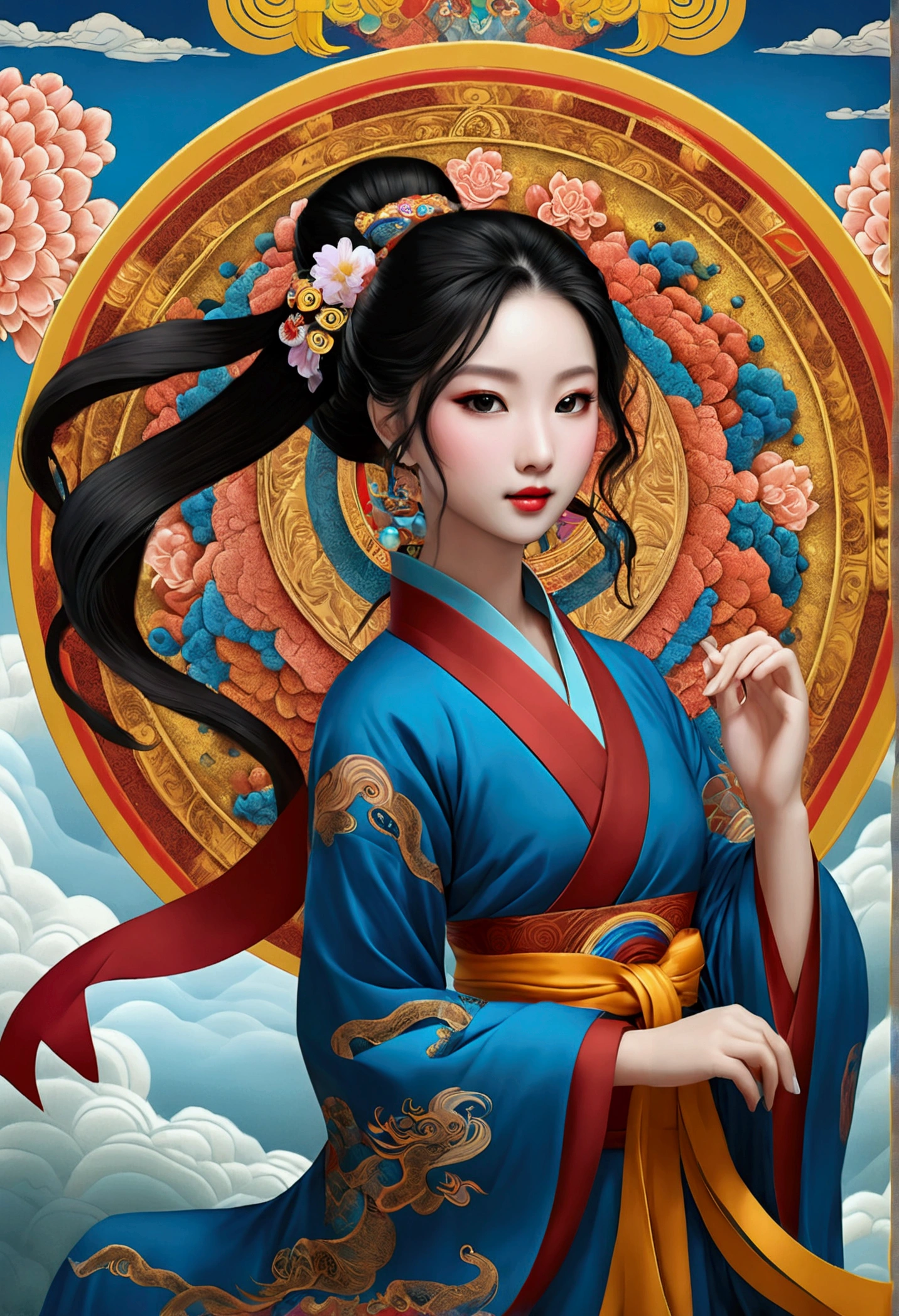 Official Art, Unified 8K Wallpapers, Ultra Detailed, Beautiful and Aesthetic, Masterpiece, Best Quality, (Zentangle, Tangle, Entangle), (fractal art: 1.4), 1girl, black hair, Chinese, bare shoulders, short skirt, calf, navel, very detailed, dynamic angle, cowboyshot, (most beautiful form chaos), flowing, (bright colors), oc, (half: 1.2), china, (thangka flying sky: 1.5), (ribbon: 1.3), (dream: 1.5), (hanfu: 1.5), Chinese dragon, Chinese phoenix, (smile: 0.5), (Chinese deity),