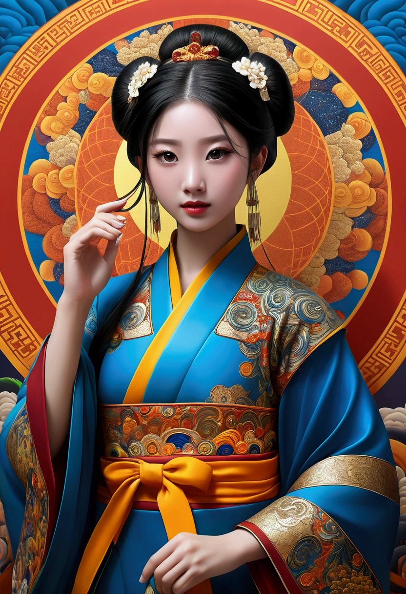 Official Art, Unified 8K Wallpapers, Ultra Detailed, Beautiful and Aesthetic, Masterpiece, Best Quality, (Zentangle, Tangle, Entangle), (fractal art: 1.4), 1girl, black hair, Chinese, bare shoulders, short skirt, calf, navel, very detailed, dynamic angle, cowboyshot, (most beautiful form chaos), flowing, (bright colors), oc, (half: 1.2), china, (thangka flying sky: 1.5), (ribbon: 1.3), (dream: 1.5), (hanfu: 1.5), Chinese dragon, Chinese phoenix, (smile: 0.5), (Chinese deity),