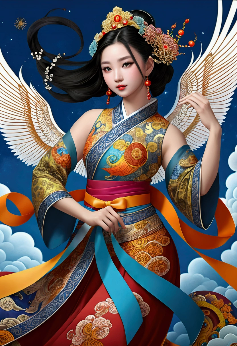 Official Art, Unified 8K Wallpapers, Ultra Detailed, Beautiful and Aesthetic, Masterpiece, Best Quality, (Zentangle, Tangle, Entangle), (fractal art: 1.4), 1girl, black hair, Chinese, bare shoulders, short skirt, calf, navel, very detailed, dynamic angle, cowboyshot, (most beautiful form chaos), flowing, (bright colors), oc, (half: 1.2), china, (thangka flying sky: 1.5), (ribbon: 1.3), (dream: 1.5), (hanfu: 1.5), Chinese dragon, Chinese phoenix, (smile: 0.5), (Chinese deity),