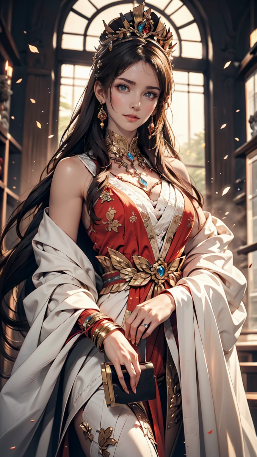 Beautiful female emperor, Clear skin, Beautiful appearance, There is deep wisdom in her eyes, It&#39;s as if she sees through the whole world, Wearing a luxurious white robe, Holding a long sword, Robes fluttering in the wind and silver hair blowing in the wind, The white robe perfectly complements her elegant figure., The attitude is calm and idyllic, Like a perfect fairy