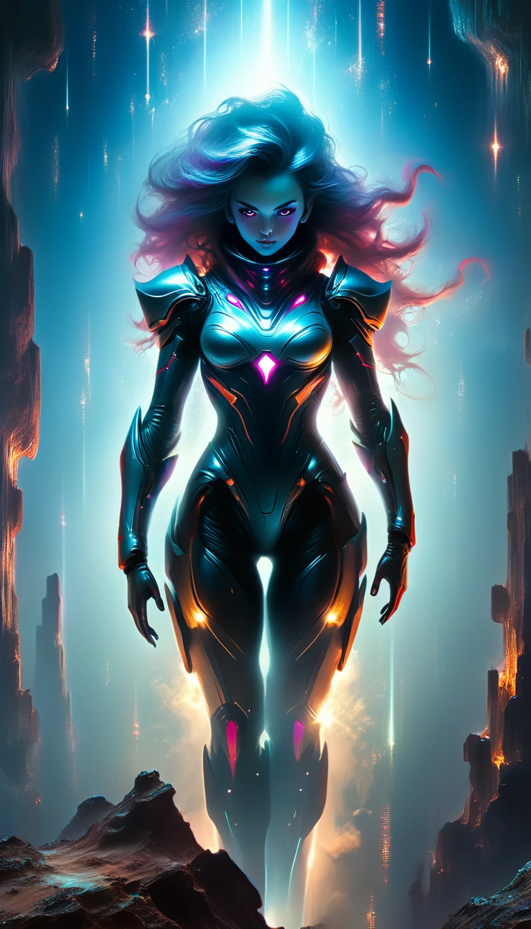 space woman standing on the edge of horizon looking at the viewer, sci fi art style of the masters,