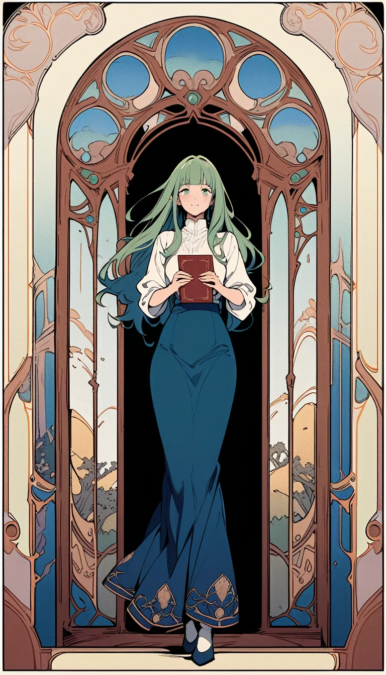 ((best quality)) , ((masterpiece)) , (detailed),A beautiful school girl, with a white shirt and navy blue skirt, long hair with bangs, green eyes, holding books in her hands, standing by the window on a sunny day, with a happy facial expression, in a full body shot, in the style of Makoto Shinkai.,(art nouveau style , elegant, decorative, curvilinear forms, nature-inspired, ornate, detailed)
