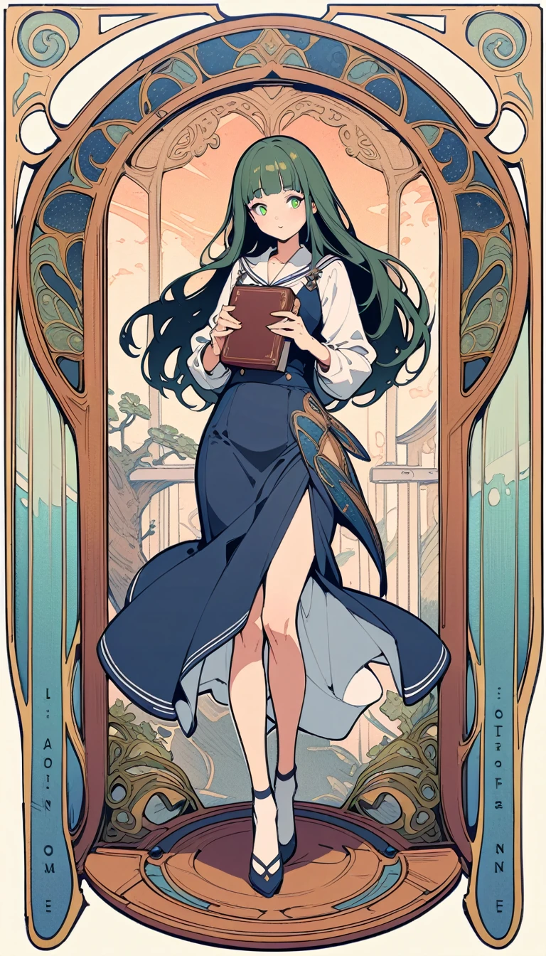 ((best quality)) , ((masterpiece)) , (detailed),A beautiful school girl, with a white shirt and navy blue skirt, long hair with bangs, green eyes, holding books in her hands, standing by the window on a sunny day, with a happy facial expression, in a full body shot, in the style of Makoto Shinkai.,(art nouveau style , elegant, decorative, curvilinear forms, nature-inspired, ornate, detailed)