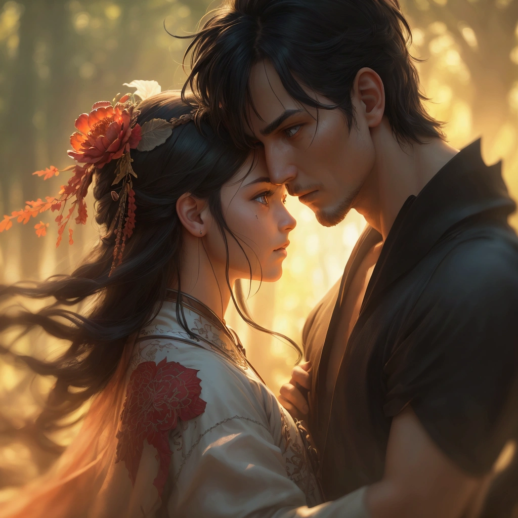 Um homem com a filha, juntos e felizes.
A noble warrior with a long sword, black metal armor, white skin, short black hair and clear blue eyes, masculine face, no beard. He is with his daughter. A beautiful 5-year-old happy black-haired girl, in the middle of the forest, a paternal moment, (best quality,4k,8k,highres,masterpiece:1.2),ultra-detailed,(realistic,photorealistic,photo-realistic:1.37),hyperrealistic, chiaroscuro lighting, dramatic lighting, vibrant colors, cinematic composition, intricate details, realistic skin textures, highly detailed facial features, beautiful lush forest background, moody atmosphere, emotional expression, warm tones