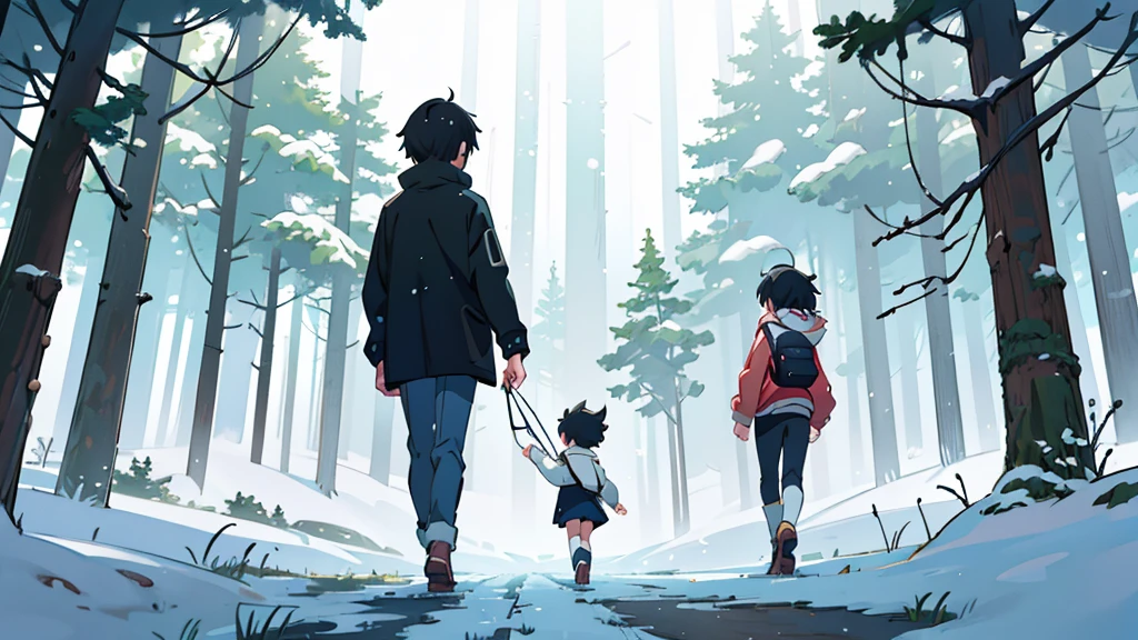 1 girl and 1 boy walking in a heavy snow storm, In a forest, an image of Makoto Shinkai, trend on pixiv, conceptual art, guweiz style artwork, ( ( Makoto Shinkai ) ), sad anime scene. Kawaii Design, body details (ultra quality 4k) (many details) view from behind, details on clothing