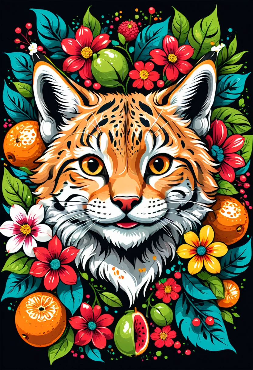  arte vetorial para  tshirt design, Illustration of a smiling little lynx, Line art, Monochrome, In the center, Swirling vibrant colors, Flowers, fruit, high detail,Hawaii Background, tshirt design.
(Artwork, UHD quality, Details at 16k, Professional, Perfect composition, so beautiful, Absurd, Very redundant, Details Complexity:1.3)