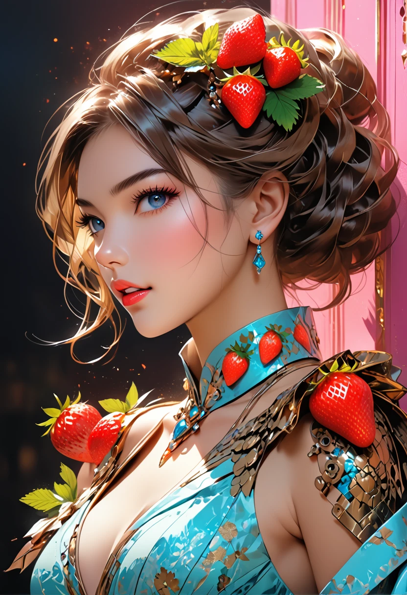 a portrait of  an exotic, elegant beautiful mecha woman eating an epic, (legendary strawberry: 1.3) in cocktail party , ((full body: 1.5)), ((anatomically correct: 1.5)), (ultra detailed face: 1.2), dynamic eye color, glowing eyes, dynamic hair color, dynamic hair style dynamic skin complexion, wearing 1960's glamour intricate dress, high. fashion dress, dynamic color dress , wearing high heels, cocktail party background, vibrant, Ultra-high resolution, High Contrast, (masterpiece:1.5), highest quality, Best aesthetics), best details, best quality, highres, 16k, (ultra detailed: 1.5), masterpiece, best quality, (extremely detailed) RAW, (ultra details, Masterpiece, best quality), Hyperrealism style, MechanicusStyleAI, 