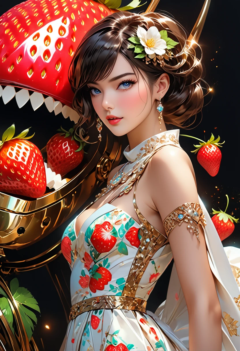 a portrait of  an exotic, elegant beautiful mecha woman eating an epic, (legendary strawberry: 1.3) in cocktail party , ((full body: 1.5)), ((anatomically correct: 1.5)), (ultra detailed face: 1.2), dynamic eye color, glowing eyes, dynamic hair color, dynamic hair style dynamic skin complexion, wearing 1960's glamour intricate dress, high. fashion dress, dynamic color dress , wearing high heels, cocktail party background, vibrant, Ultra-high resolution, High Contrast, (masterpiece:1.5), highest quality, Best aesthetics), best details, best quality, highres, 16k, (ultra detailed: 1.5), masterpiece, best quality, (extremely detailed) RAW, (ultra details, Masterpiece, best quality), Hyperrealism style, MechanicusStyleAI, 