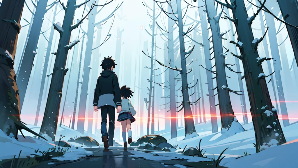 1 girl 1 boy (2 Characters) walking in a heavy snow storm, In a forest, an image of Makoto Shinkai, trend on pixiv, conceptual art, guweiz style artwork, ( ( Makoto Shinkai ) ), sad anime scene. Kawaii Design, body details (ultra quality 4k) (many details) view from behind, details on clothing