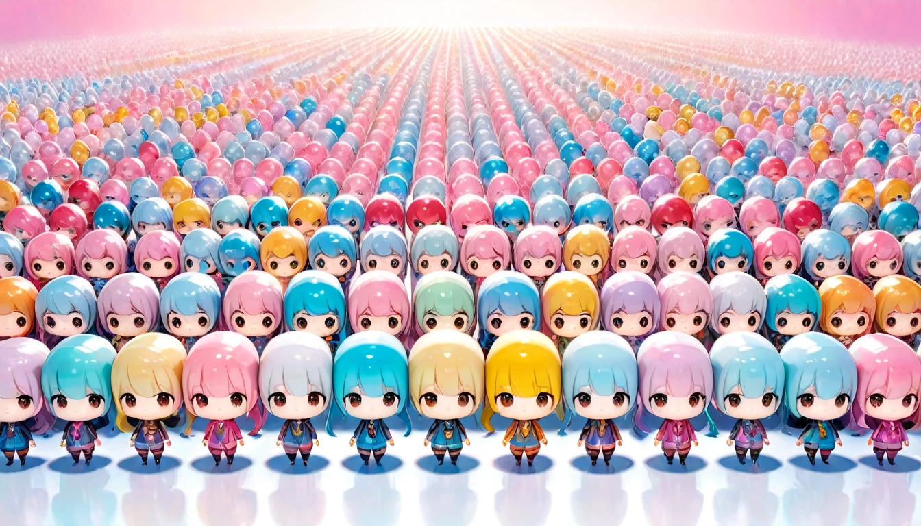 conceptual installation art, there are so many cute chibi characters lined up, background pastel color, (ultra detailed, absolutely resolution, best quality:1.3), 2.5D, delicate and dynamic, artistic photography, hyper realistic, graphic CG digital art