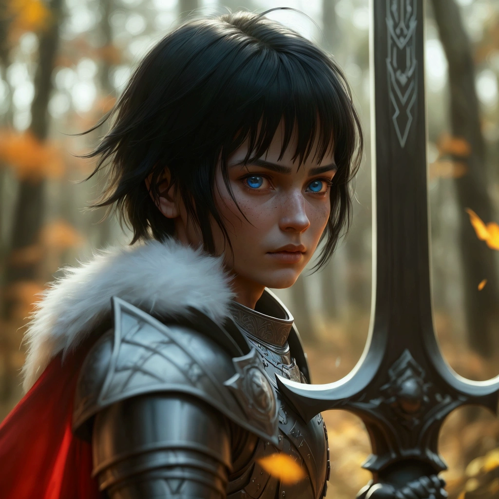 a noble warrior with a long sword, black metal armor, white skin, short black hair and clear blue eyes, masculine face, no beard, 1girl, his 5--old py black-haired daughter, middle of the forest, paternal moment, (best quality,4k,8k,highres,masterpiece:1.2),ultra-detailed,(realistic,photorealistic,photo-realistic:1.37),hyperrealistic, chiaroscuro lighting, dramatic lighting, vibrant colors, cinematic composition, intricate details, realistic skin textures, highly detailed facial features, beautiful lush forest background, moody atmosphere, emotional expression, warm tones
