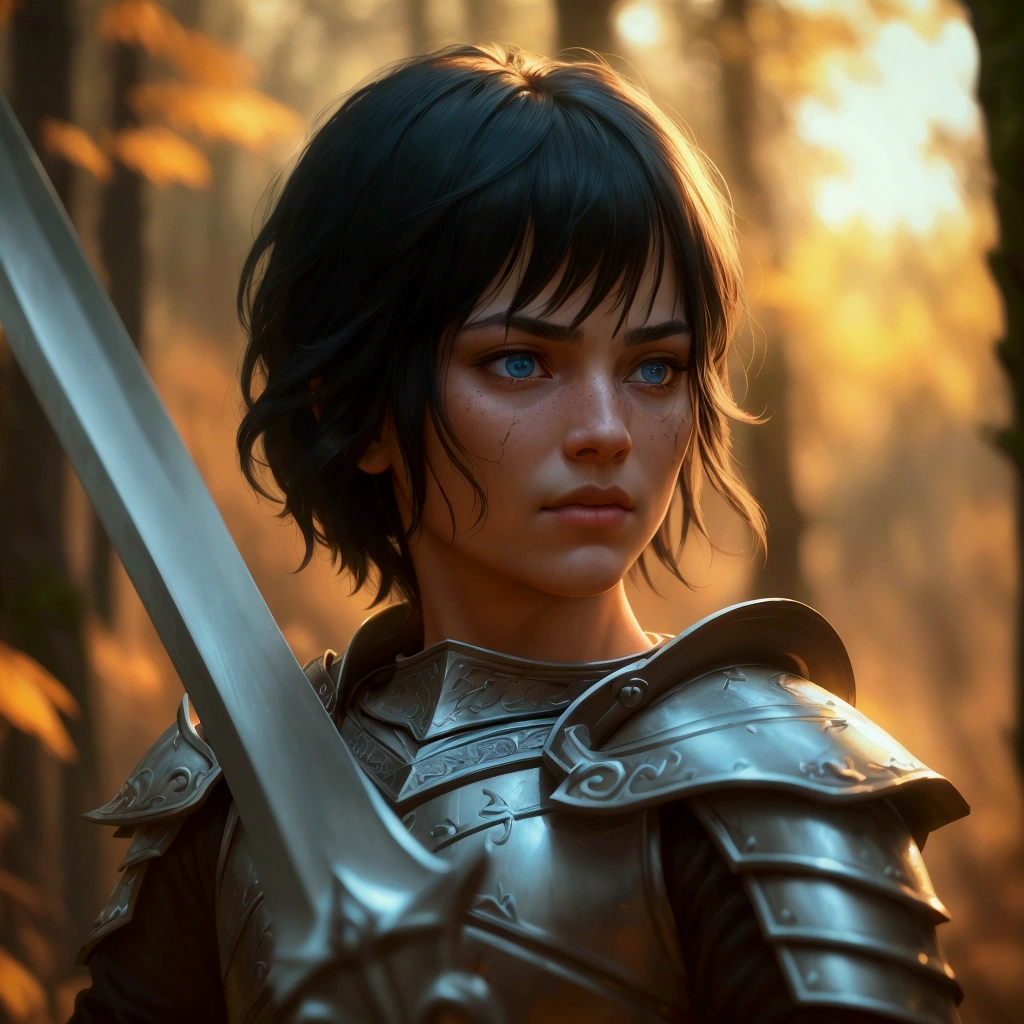 a noble warrior with a long sword, black metal armor, white skin, short black hair and clear blue eyes, masculine face, no beard, 1girl, his 5-year-old happy black-haired daughter, middle of the forest, paternal moment, (best quality,4k,8k,highres,masterpiece:1.2),ultra-detailed,(realistic,photorealistic,photo-realistic:1.37),hyperrealistic, chiaroscuro lighting, dramatic lighting, vibrant colors, cinematic composition, intricate details, realistic skin textures, highly detailed facial features, beautiful lush forest background, moody atmosphere, emotional expression, warm tones