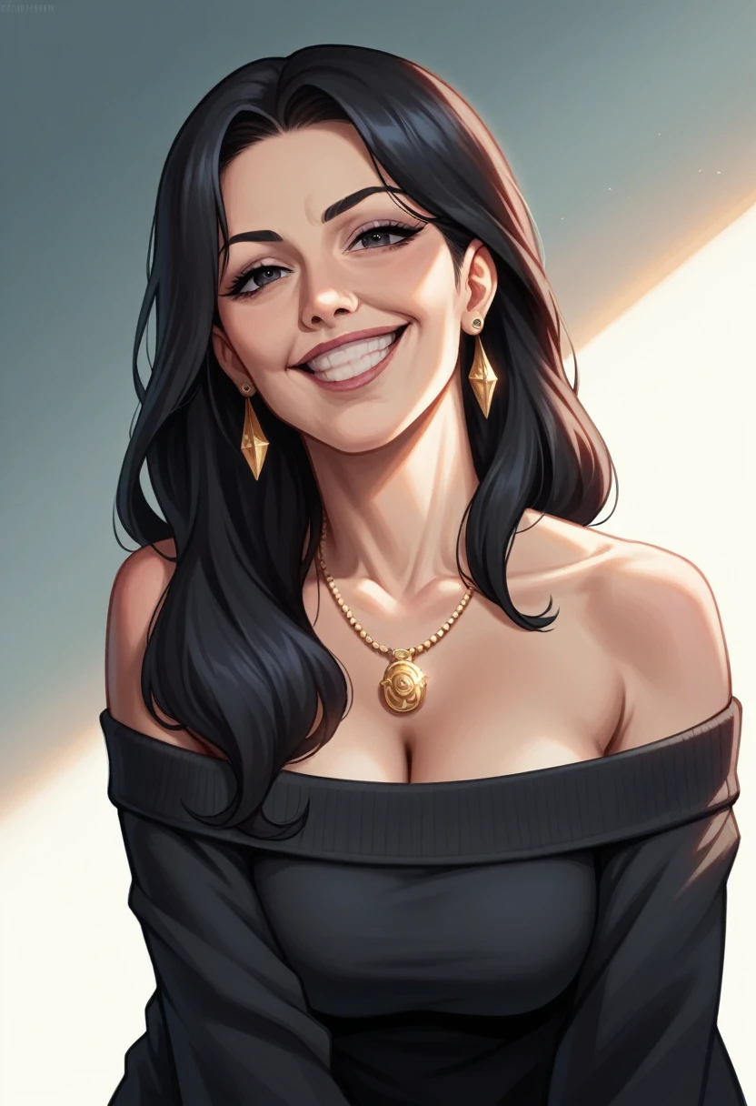 (Tabletop, Digital Art, Digital Illustration, 4K, 8k, Very detailed, Beautiful images, Clear images, Realistic, RAW Photos, Perfect Face, Perfect Lines, Perfect Eyes, Soft lighting) ,1 female, (Long black hair,Bullish gaze,Beautiful woman,Mouth closed,Grin,mature,thin,23-year-old female,:1.3),Wearing an off-the-shoulder black sweater, She looks at the viewer.、Earrings and necklace in rose gold、Black and blue gradient background