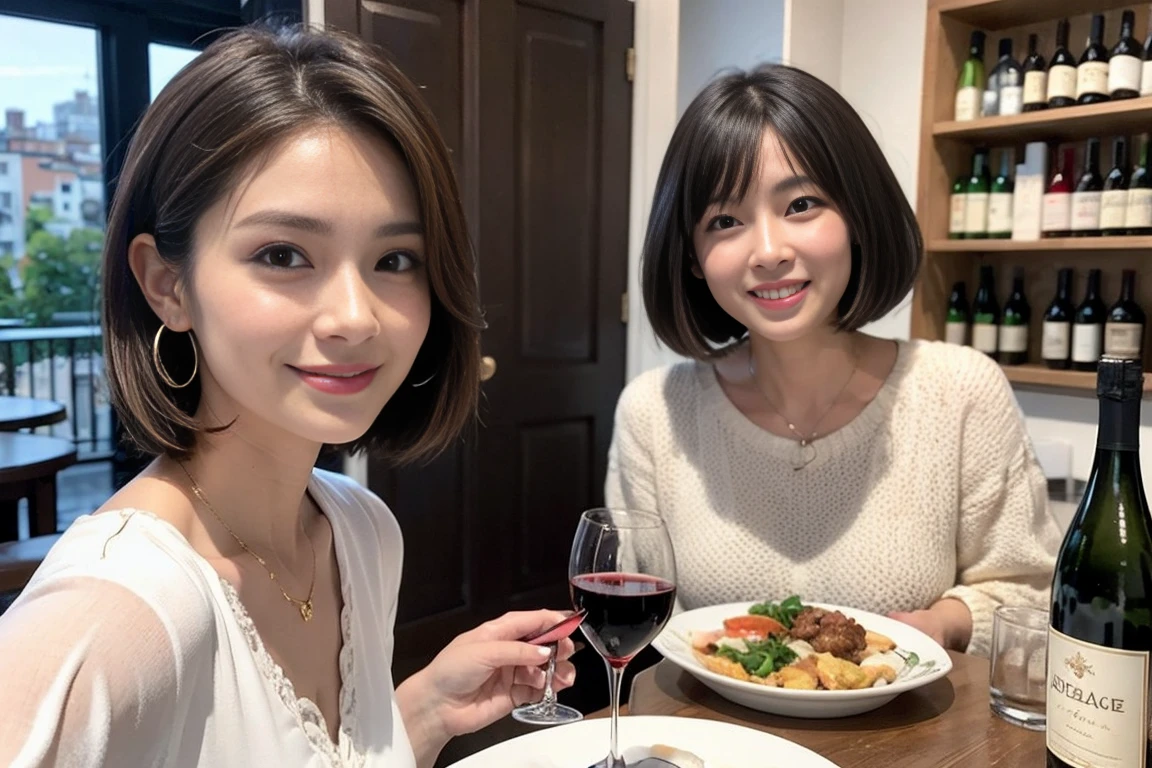 (Realistic:1.1),(masterpiece,Highest quality),8k,(56 years old), 53 years old, ベリーslimボディ、slimカップル、Tight waist,Upper Body,full-course dinner、wine 、Amazing view of the sunset sky and clouds、Perfect Anatomy, Brown Hair, short hair,Random Hairstyles,((Highly detailed face and eyes:1.2)),Perfect golden ratio face,Long sleeve shirt、dress,(smile:1.2)、Shortcuts、cute、(Realistic, Intricate details:1.2), A bright smile、short hair,Bright Face、赤wine 、Appetizers、Italian food、wine bottle、Champagne、スパークリングwine、(slimな顔), (The body is slim), (Brown Hair), (Shortcuts), Upper Body, 白wine, slim, wineグラス,