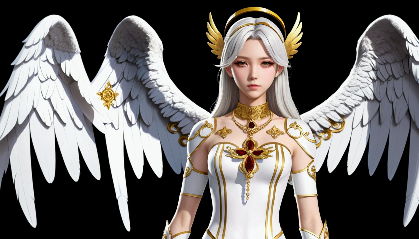 (Make a costume design of an anime character of a white-haired angel boy)，（Wearing white religious clothing)，Gold accessories on the body，Halo on the head，(Angel Theme)，（character sheet)，Lots of white and medium blonde with a little black，(multiple views)，((Gothic))，(Full body painting)，((infography))，There are ribbons hanging on the clothes，front