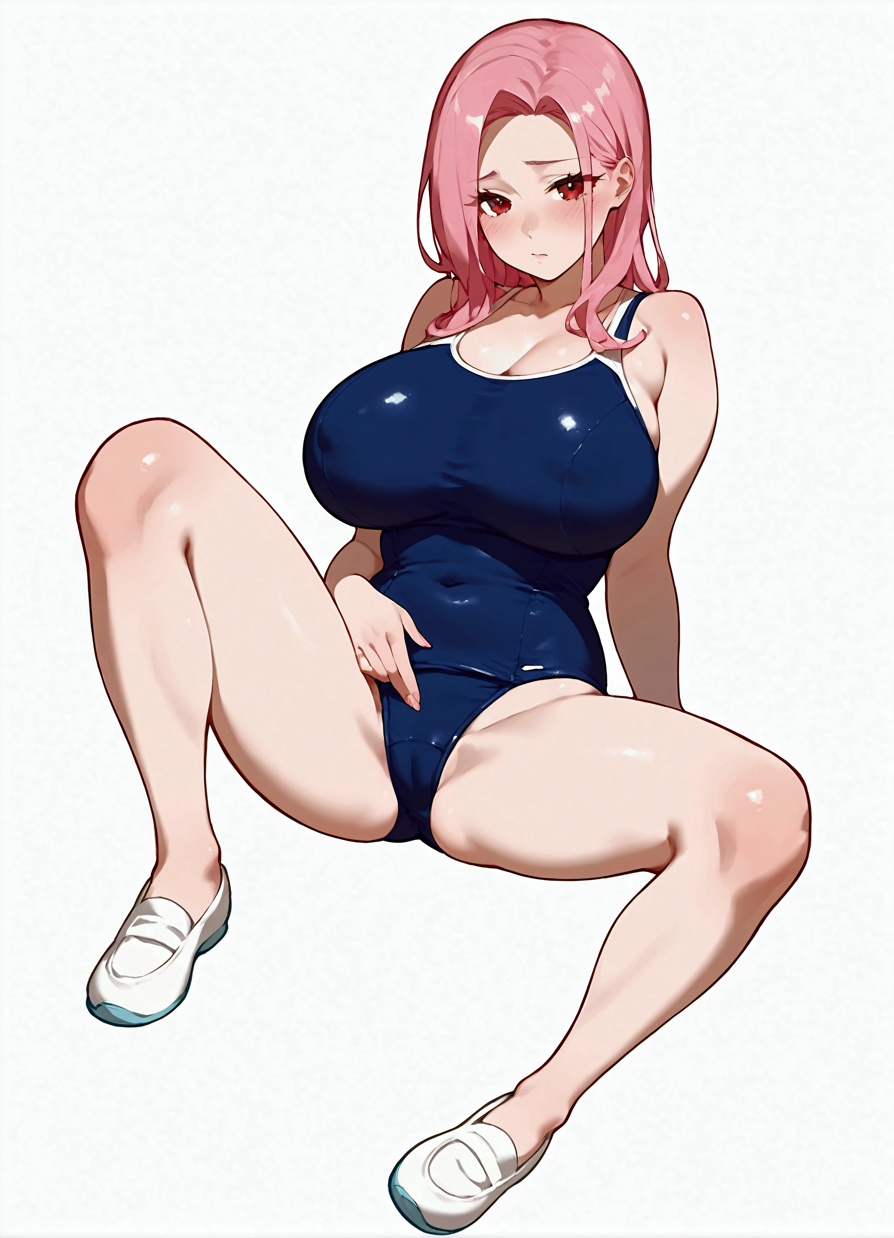score_9, score_8_up, score_7_up, source_anime, anime illustration, anime style, bold line, sitting, 1lady, solo, (sexy lady1.3), large breast, pink hair, red eyes, Various lengths of hair style, parted bangs, school swimsuit, shoes, (blush:1.2), white background