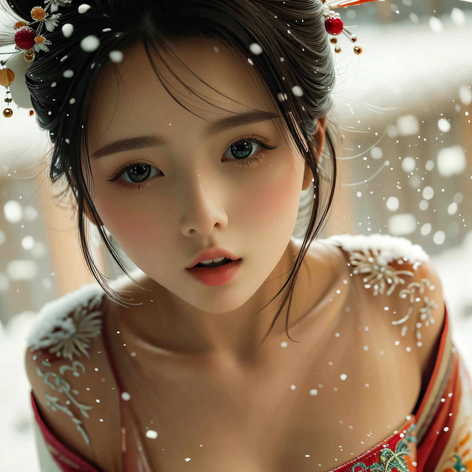 ExtremelyDetailed Kawaii girl Face (Close-up KissableTongue (Kissing to Camera)) glossy lips with beautiful details, extremely delicate and beautiful (TopQuality Masterpiece of 8K Ultra-detailed(ProfessionalPhoto:1.37)), {Amazing|finely detail|official art|incredibly absurdres} (close-up:1.22), fish eye lens (wide lens) macro lens, Detailed reflective Eyes with (sparkling highlights:1.28) Detailed(Voluminous LongEyelashes:0.88), {from Above|Visible back of throat|String of saliva drip}, (naked shoulder:1.32), (snow on tongue:1.28) snow particles 

