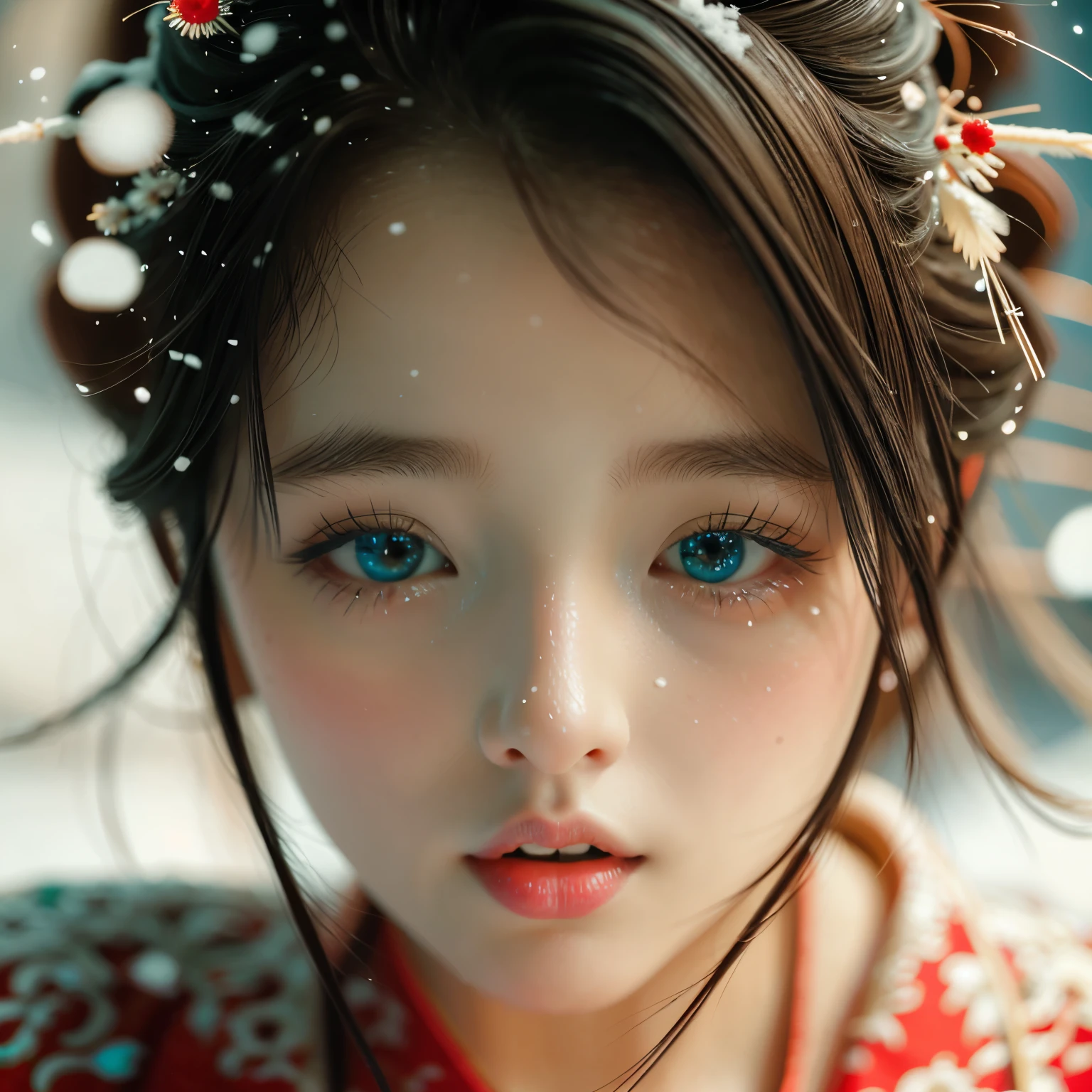 ExtremelyDetailed Kawaii girl Face (Close-up KissableTongue (Kissing to Camera)) glossy lips with beautiful details, extremely delicate and beautiful (TopQuality Masterpiece of 8K Ultra-detailed(ProfessionalPhoto:1.37)), {Amazing|finely detail|official art|incredibly absurdres} (close-up:1.22), fish eye lens (wide lens) macro lens, Detailed reflective Eyes with (sparkling highlights:1.28) Detailed(Voluminous LongEyelashes:0.88), {from Above|Visible back of throat|String of saliva drip}, (naked shoulder:1.32), (snow on tongue:1.28) snow particles