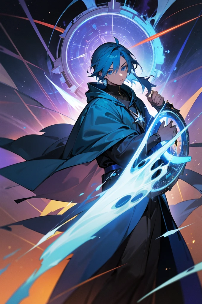 A young man with blue hair and blue eyes, wearing a blue hooded robe, deploying a huge black magic circle, background: distortion of space-time, asteroid belt, a supernova explosion in his hand, and a huge compass behind him