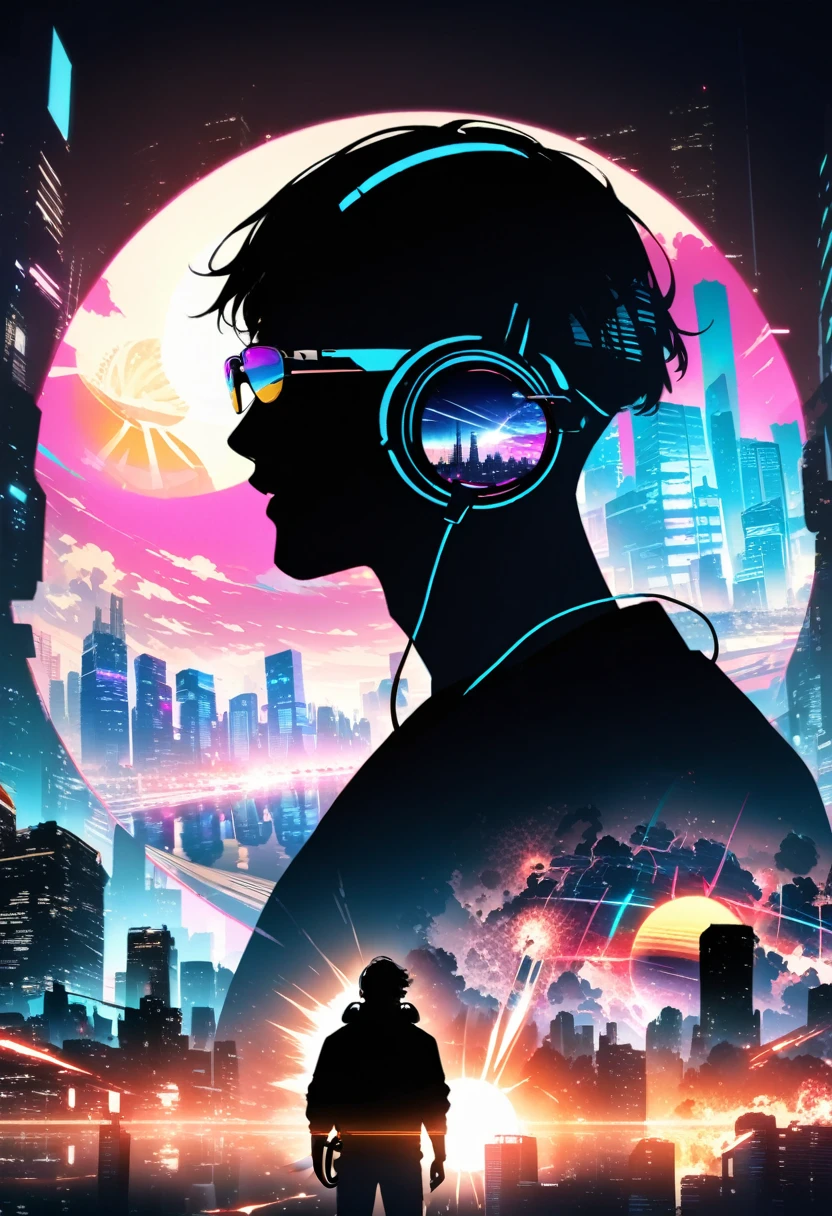 silhouette of a man in profile. short hair, (((sun glasses:1.3))), (headphones:1.3), Inside the silhouette you can see the with a deep cyberpunk, city, supernova explosion, cyberpunk night city back ground(masterpiece), ((double exposure)), proportional.,DOUBLE EXPOSURE