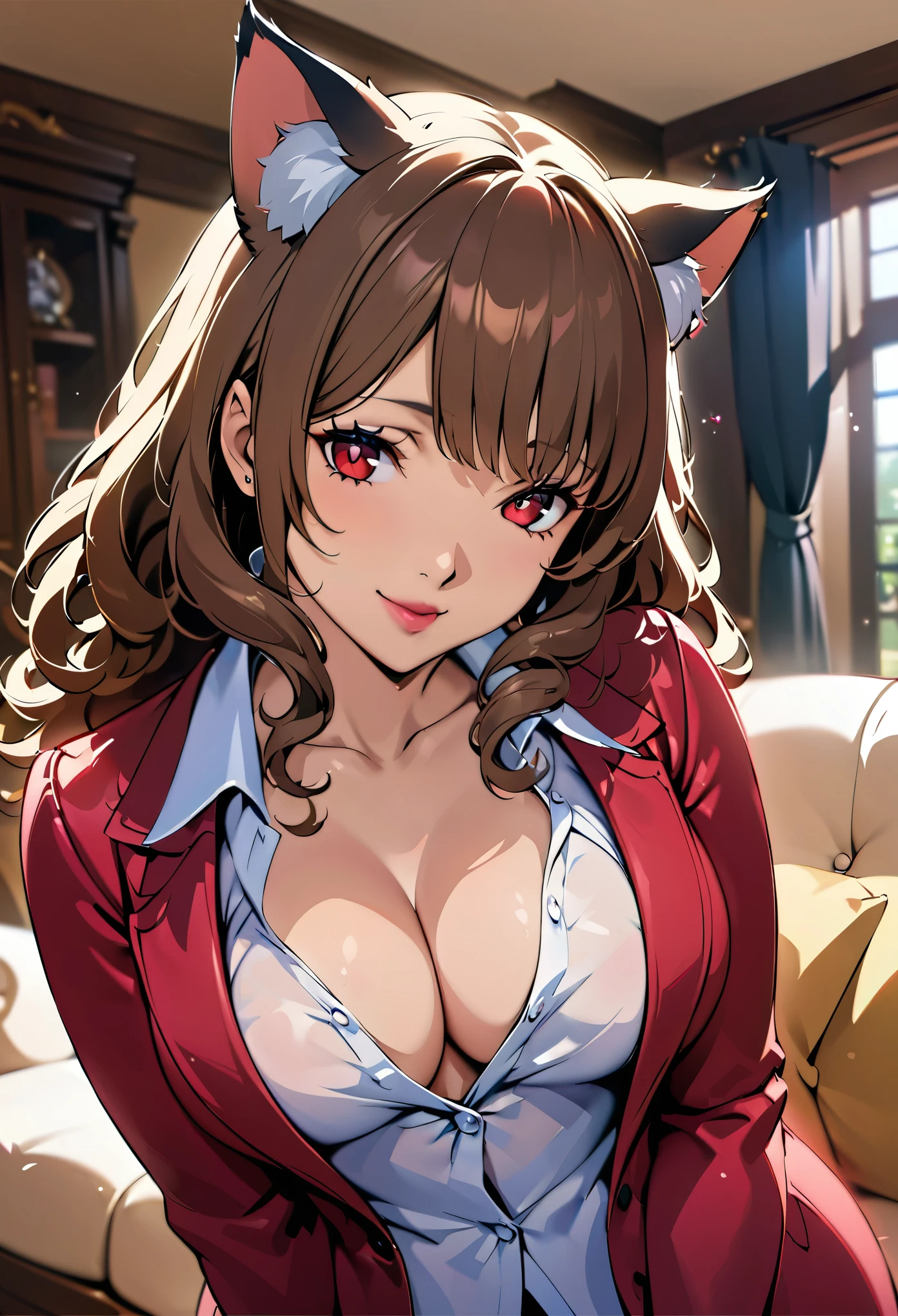 (masterpiece:1.2)，(junkotvvxl) cat ears, Highest quality，Top image quality，Top animation quality，Digital Animation，screencap，solo，Upper Body，A mature woman，Natural Curl，Brown curly hair，red eyes，Big ，(Cleavage:0.9)，Clear pupils，Smile，Pale pink lipstick，warm feeling，(Wearing only an open shirt，Only one button:0.9)，(A python clings to a woman:1.1)，Living room background，Depth of Field，Victorian Decor