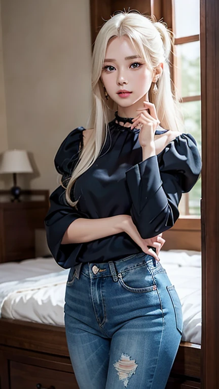 ((Puff sleeve peplum blouse、Denim pants (Black)))Extraordinary sexy beauty、beautiful, calm and bright look、Sexy and refreshing look、完璧なbeautifulcute顔、Very bright, Bright Blue Eyes、Short Ponytail、Long bangs between the eyes、Long platinum blonde straight hair、beautiful facial hair、とてもcute、beautifully、Sexy young tiny woman、非常に完璧なbeautifulcute顔、beautiful clear cute eyes、Real17歳女性、cute,((Small breasts))、(((Long white hair)))、(())、） And a very slim figure,,,,,、Very thin leganicules、Earrings、Pink Lip、choker、Real、Sexual、Highest quality、Detailed face、Detailed Background、Depth of written boundary、whole body viewing angle、Sexual、alone、night,Highest quality、High resolution、超High resolution（Real：1.4）Detailed eyes、Gradation、Perfect anatomical figure、Woman with perfect body、Highly detailed skin、非常にDetailed face、細部までbeautiful目、Background blur、