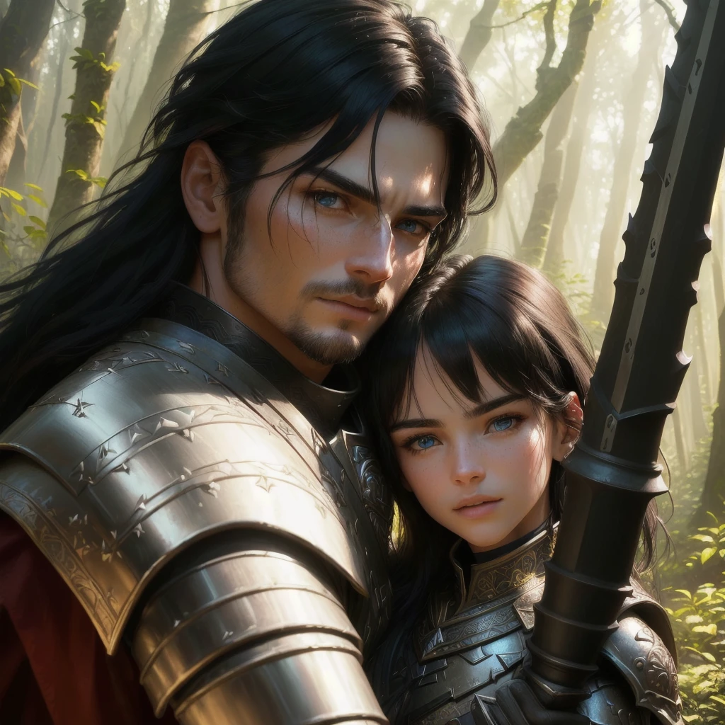 a noble warrior with a long sword, black metal armor, white skin, short black hair and clear blue eyes, masculine face, no beard, 1girl, his 5-year-old happy black-haired daughter, middle of the forest, paternal moment, (best quality,4k,8k,highres,masterpiece:1.2),ultra-detailed,(realistic,photorealistic,photo-realistic:1.37),hyperrealistic, chiaroscuro lighting, dramatic lighting, vibrant colors, cinematic composition, intricate details, realistic skin textures, highly detailed facial features, beautiful lush forest background, moody atmosphere, emotional expression, warm tones
feliz, no meio da floresta, momento paternal