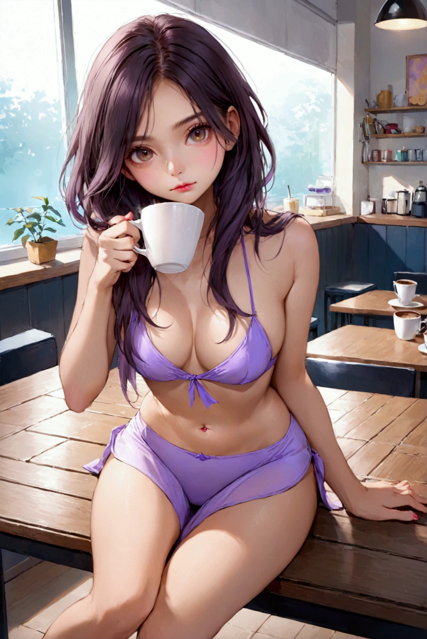 A girl drinking coffee sitting on the table