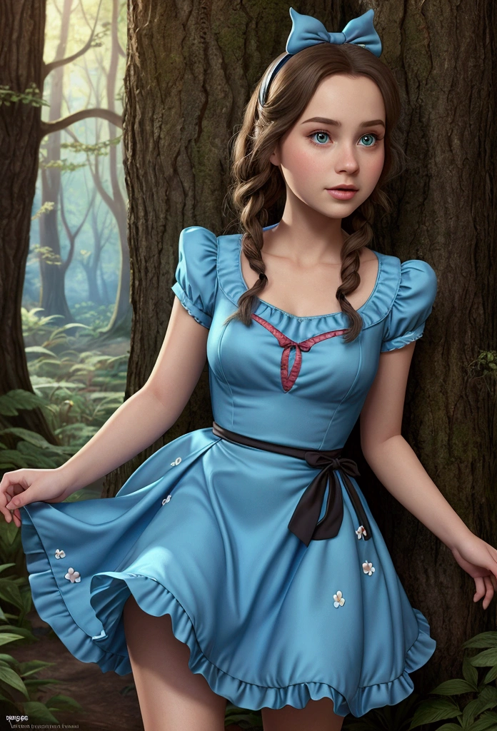 there&#39;s a girl in a blue dress walking through the forest, alice from alice in wonderland, from alice in wonderland, retrato from alice in wonderland, like alice in wonderland, Alice in Wonderland style, concept art by disney, inspired by Alice Prin, disney photorealistic, art in the style of disney, realistic disney photo, in the style of Disney animation