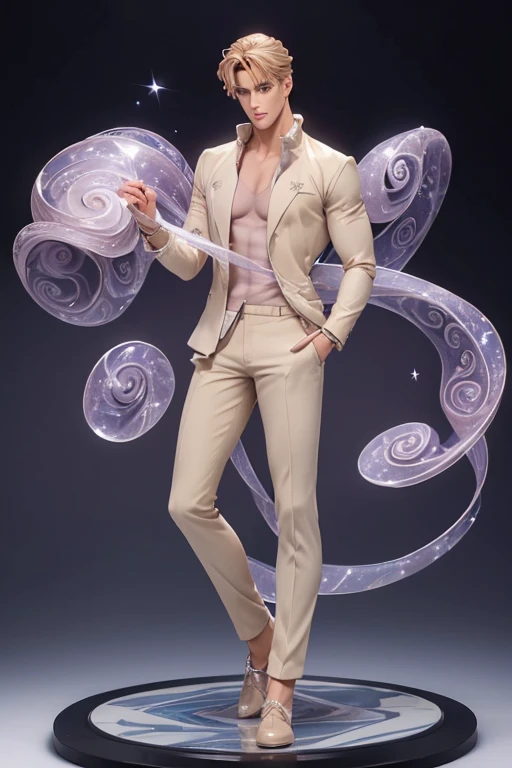 Visualise a beige and mauve (((handsome hunky male eternal starlight figure))), made ethereal by its transparency, with flowing ((swirls)) of transparent, soft, smoke emanating from its form, evoking the essence of a starlight,,