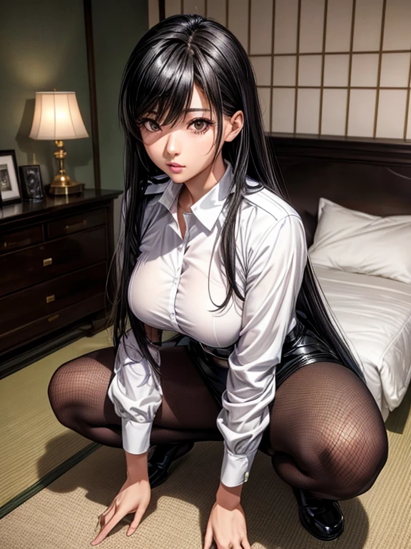 Photorealistic, high resolution, A Japanese Police woman named Kimmi, solo, heavy makeup, Hips up, (bedroom) (Detailed face), Black hair, Long hair, (Squatting) (white fishnet bodysuit). Fully clothed.