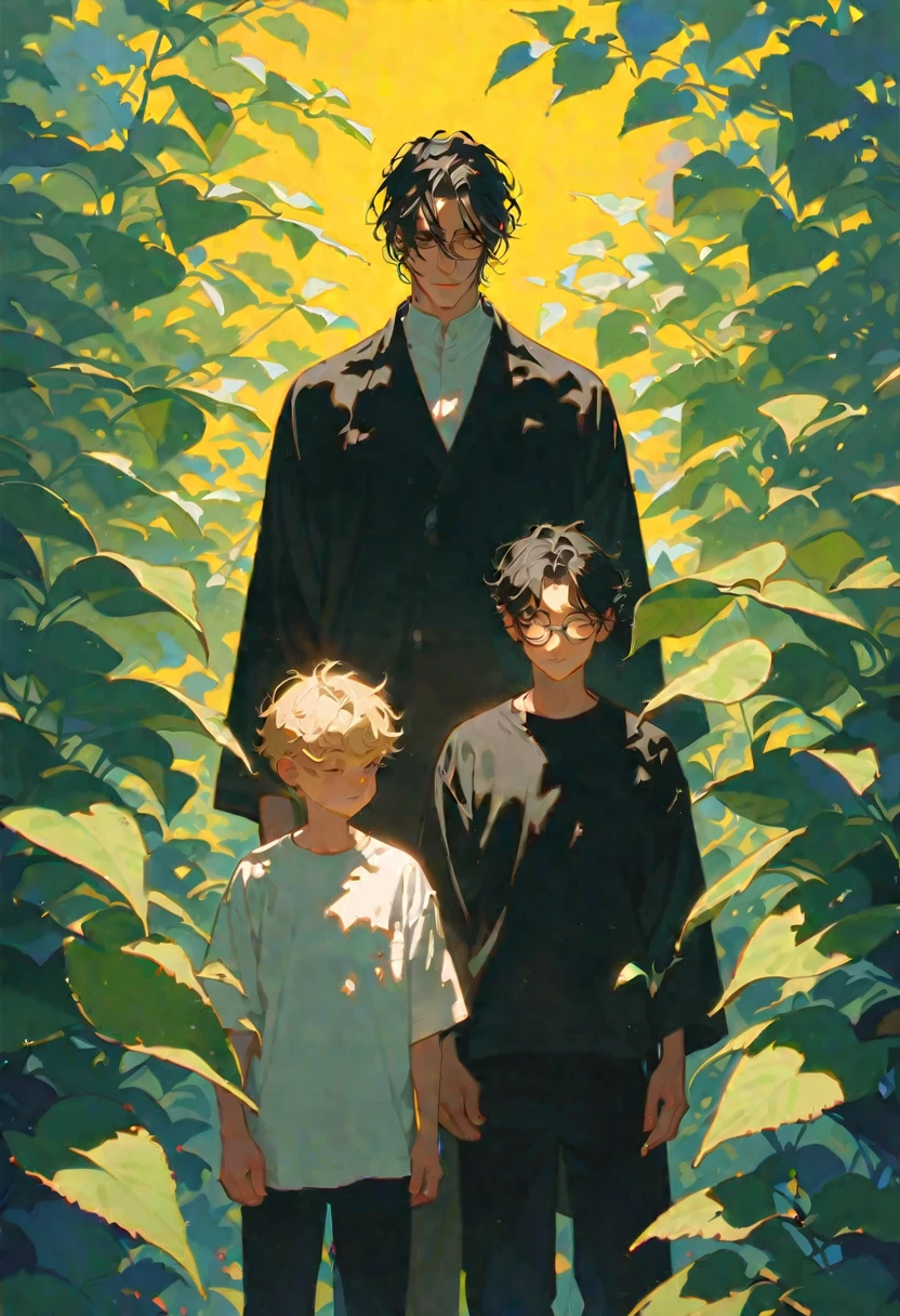 Style 9,Two men,2By people,leaf,Shadow of the Sun,On the left is a tall man with black hair and glasses,The blonde guy on the right,no glasses