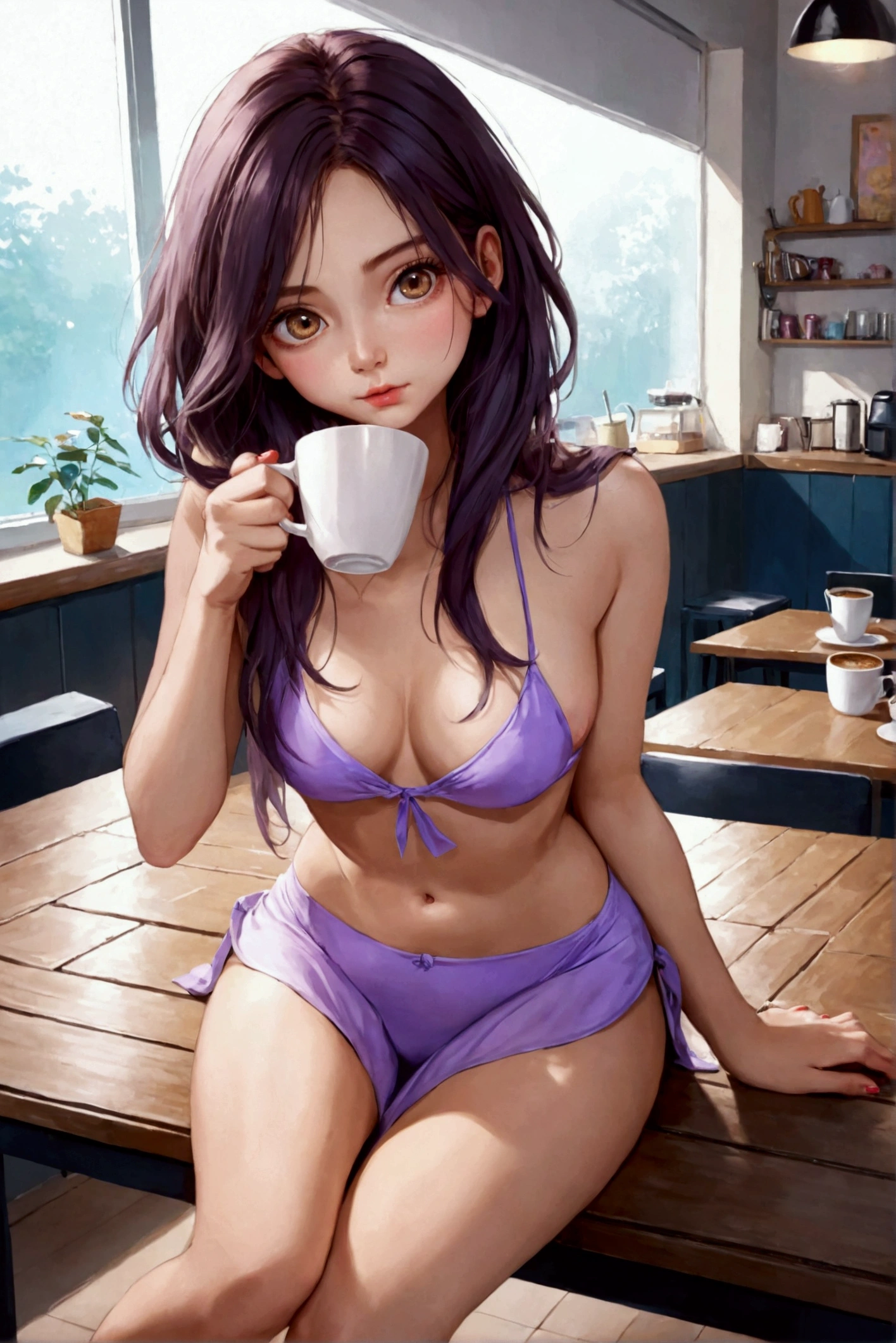 A girl drinking coffee sitting on the table 