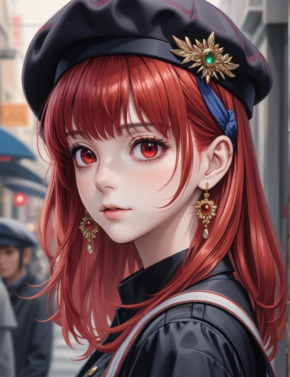 masterpiece, ultra-detailed, highly detailed, best quality, 1girl, looking at viewer, solo, red hair, multicolored hair, streaked hair, medium hair, hair over shoulder, red eyes, blunt bangs, hairband, earrings, beret,