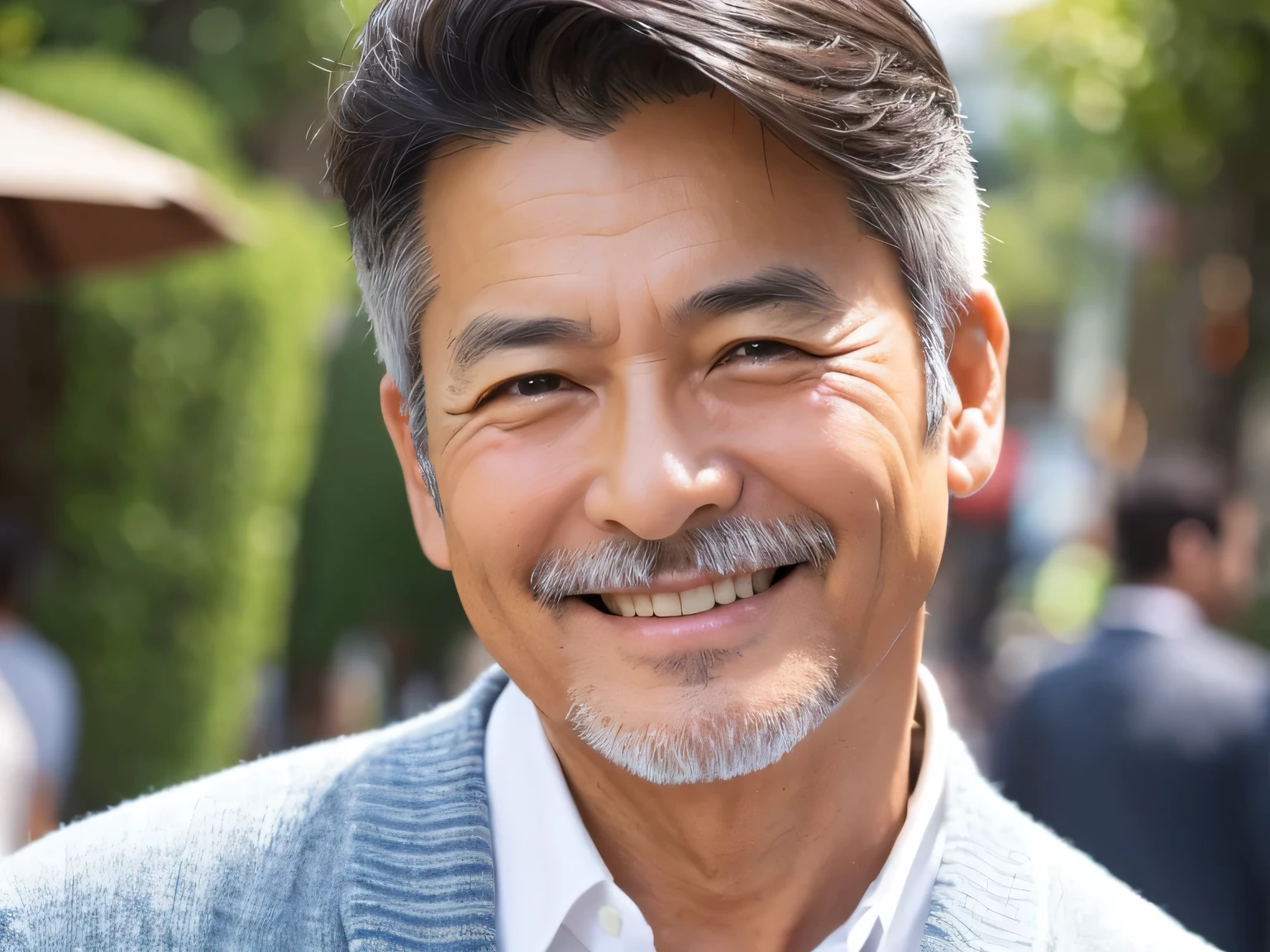 all back、Stubble、50-year-old male、Asian、dandy、stroll、smile、Close-up