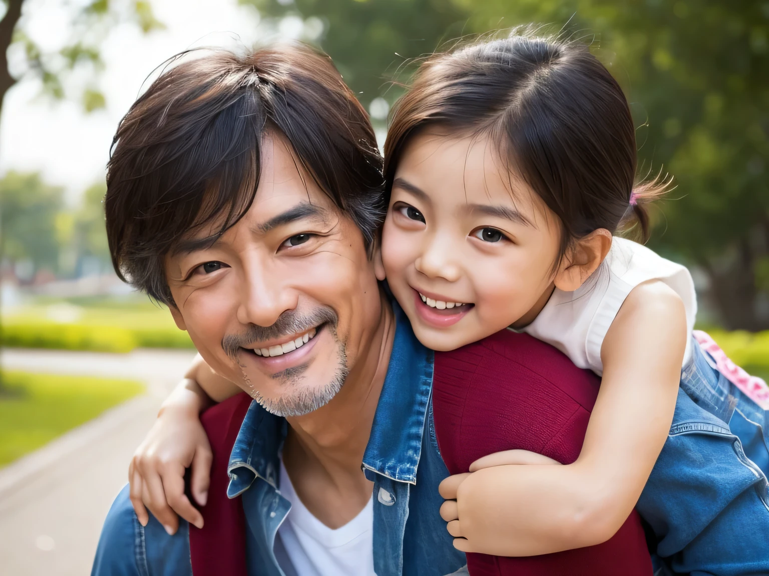 all back、Stubble、50-year-old male、Asian、dandy、、Close-up、Piggyback ride、smile